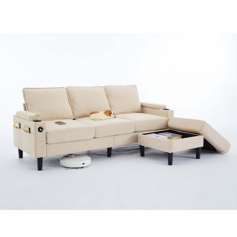 Canapé modulaire en L avec repose-pieds, Tissu beige