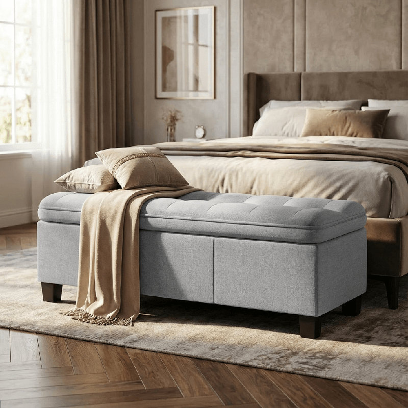 47 Inches Storage Ottoman with Soft Foam, Light Grey