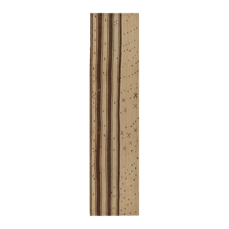 1950S Vintage Turkish Kilim Rug In Beige & Brown Stripes, Geometric Patterns