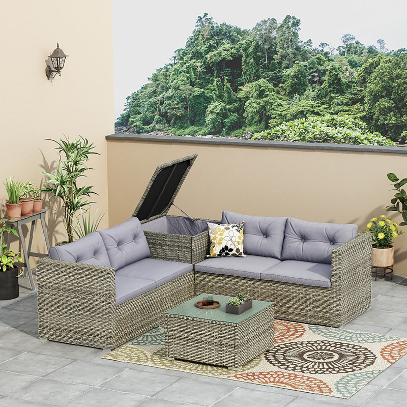 4-Person Outdoor Seating Group with Cushions, Storage Box and Table, Grey