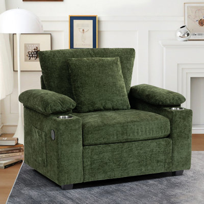 Chaise d'appoint avec tissu chenille. Chargement, porte-gobelets. . Super confortable pour appartement, chambre à coucher en tissu moderne. Porte-gobelets de lit, chargement. Chambre à coucher, salon