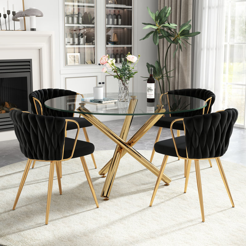 47in Round Glass Dining Set, 5 Pieces: Table, 4 Chairs, Black, Gold