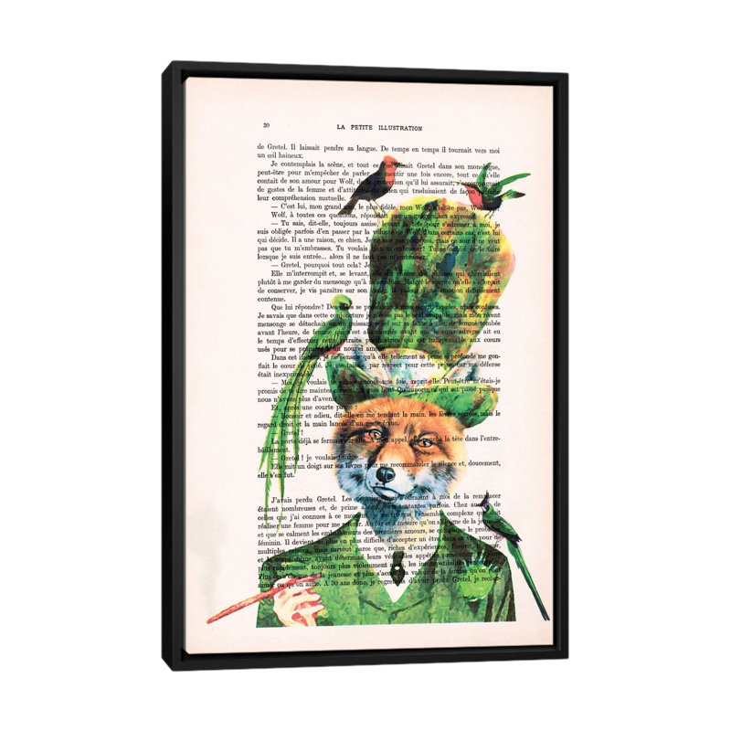«Vintage Paper Series: Fox with Birds», impression sur toile, H 26 po x l 18 po x P 1,5 po, Toile avec cadre noir