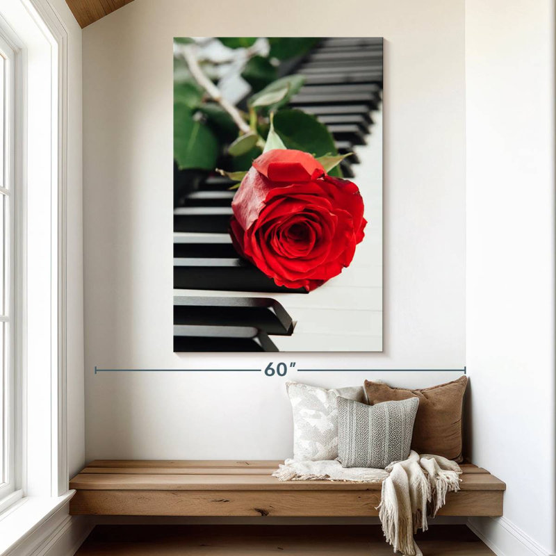 Hardie, rose rouge sur piano, H 51 po x l 34 po