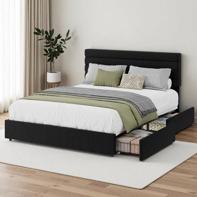 Lit plateforme moderne en velours avec 4 tiroirs de rangement - Tête de lit moelleuse - Sommier à lattes robustes - Montage facile - Mobilier de chambre - Noir, 140 cm