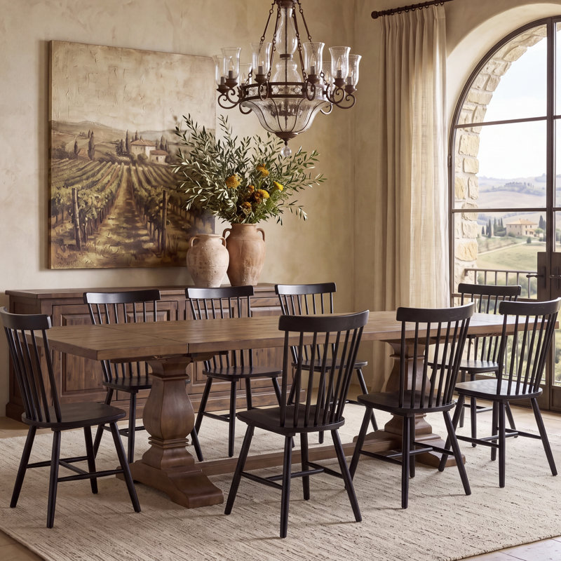 Ensemble de table de salle à manger en bois massif récupéré, 9 Pieces: Table, 8 Chairs, Brun patiné, Noir