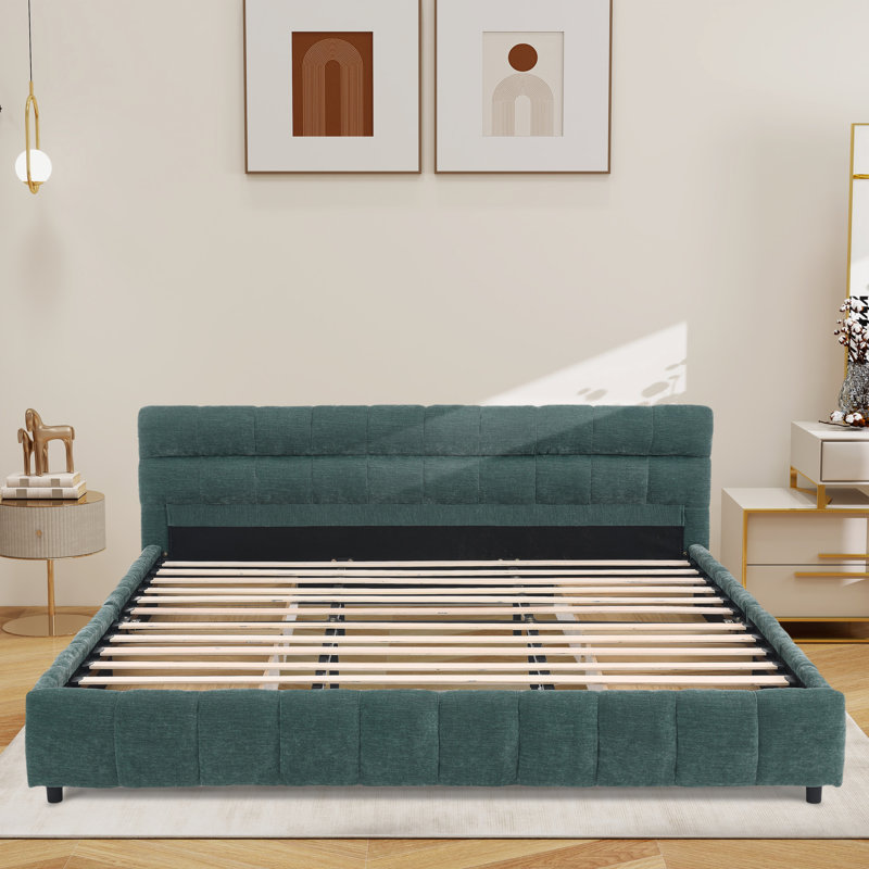 Upholstered Bed Frame  With  Storage Drawers, Blue Green, King