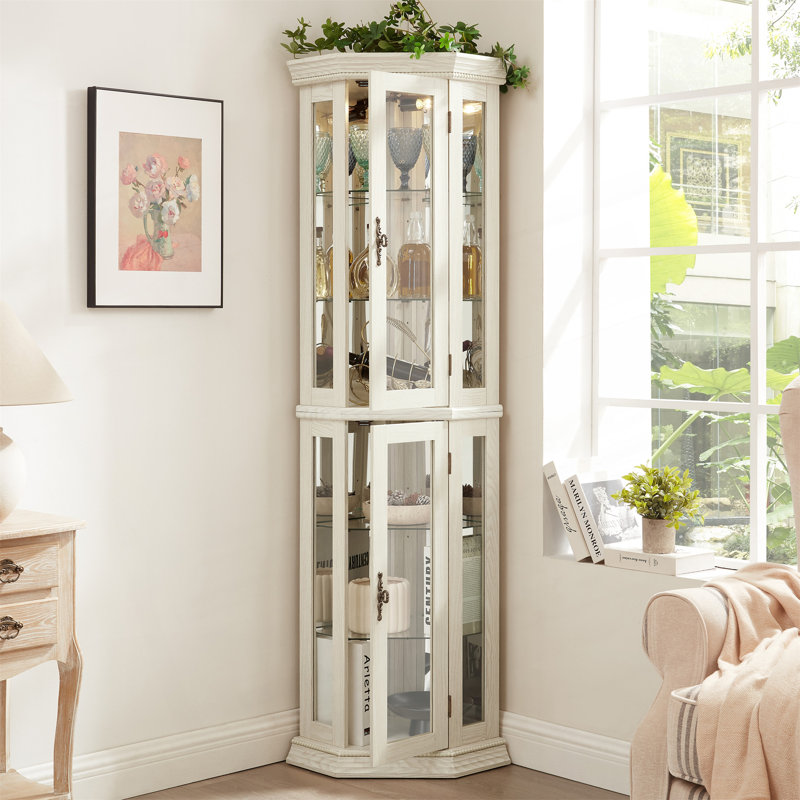 Vitrine de coin lumineuse avec tablettes réglables en verre, éclairage DEL et portes en verre trempé, Blanc