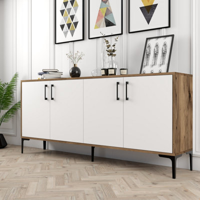 Modern Console Table with Numerous Shelves, Walnut & White Finish, 70.9 x 30.7 x 13.8 inches | 100% Melamine Coated Particle Board, Metal Legs & Handles | Wall-Mountable, Stylish & Functional Design for Home Decor