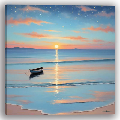 «Moonlit Boat on Tranquil Waters at Sunset», art mural sur toile tendue