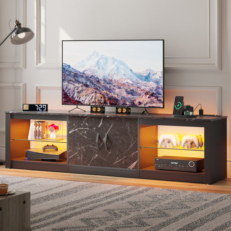 Grand meuble télé Brandenburg pour téléviseur de 75 po ou moins, console multimédia avec tablettes réglables et prise de courant