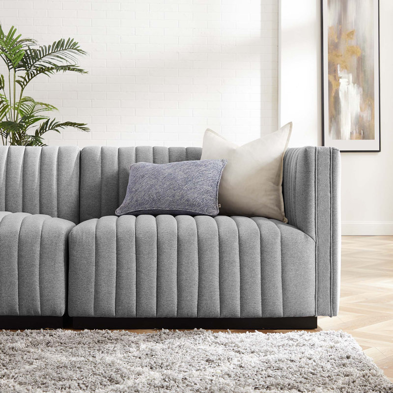 Conjure Channel Tufted Sofa by Modway, Black, Light Gray Polyester, 28" H x 155" W x 36.5" D