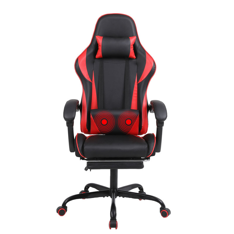 Fauteuil de jeu ergonomique inclinable en similicuir, pivotant et jeu vidéo de massage avec repose-pieds, Rouge / Noir