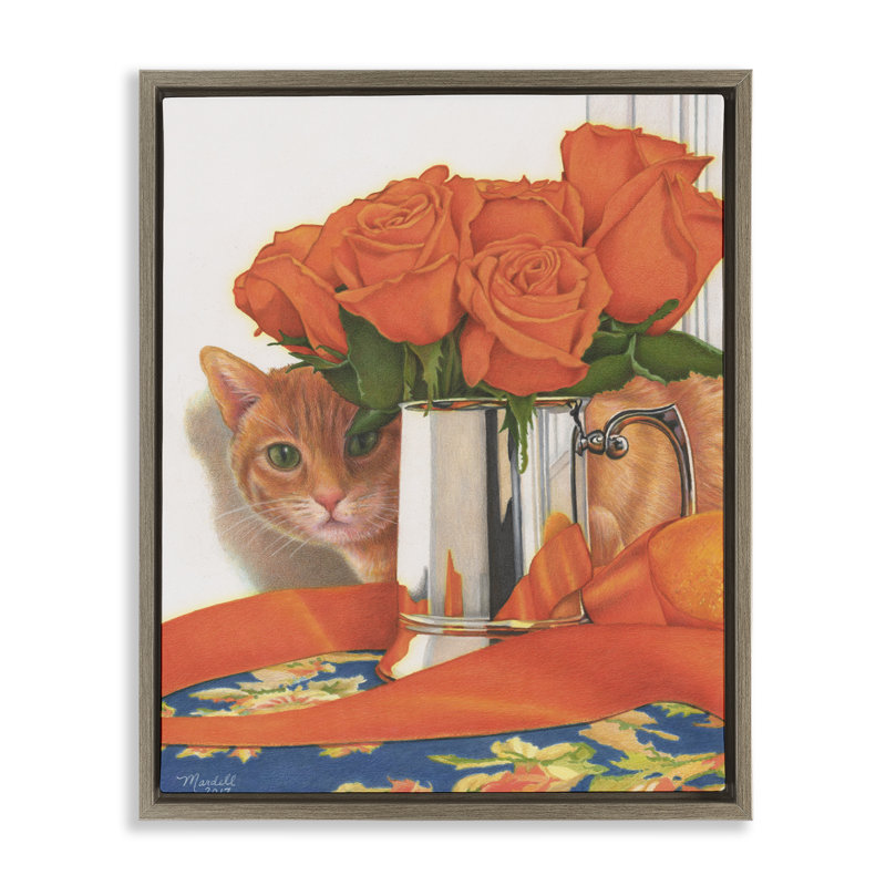 «Cat Peeking Rose Bouquet» par Mardell Schuster, Cadre flottant orme Montalcino, H 21 po x l 17 po x P 1,7 po