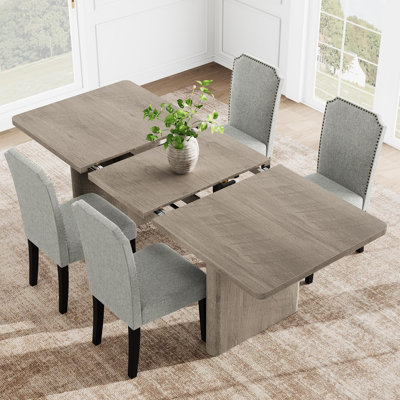Ensemble de table de salle à manger extensible de 83 po avec chaises à têtes de clou rembourrées (8 pièces), table en bois aggloméré de 1,2 po d'épaisseur avec base en bois massif, brun