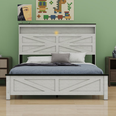 Bed Frame Headboard With LED Lights And Charging Station, With Headboard And Hidden Storage Space