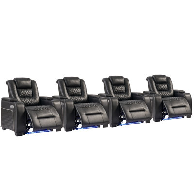 38" Wide Modern Faux Leather Electric Recliner Home Theater Seating With Power Headrest, LED Base Lighting, Cup Holders & USB Charging(Set Of 4)