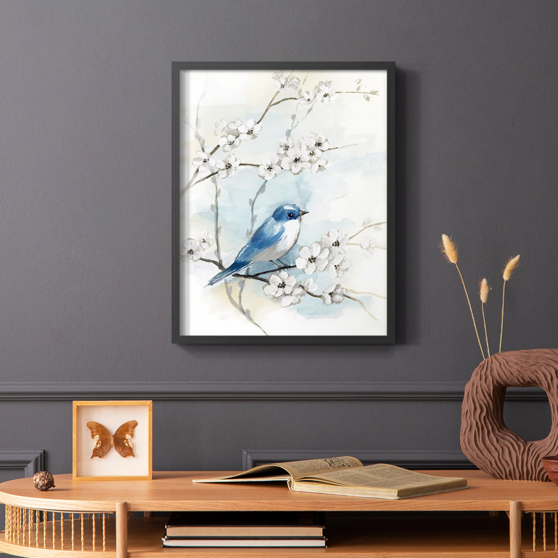 Blossoms and Bluebird I Framed Print - Solid Wood, Black, 20" H x 16" W