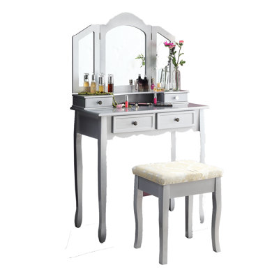 Coiffeuse en bois au fini argenté - Table de maquillage avec de grands tiroirs de rangement
