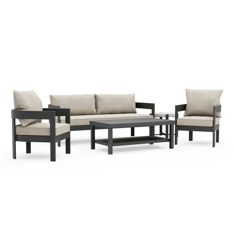 Ensemble de canapé et de chaises d'extérieur 5 pièces avec table basse Lea, brun clair, noir Lea