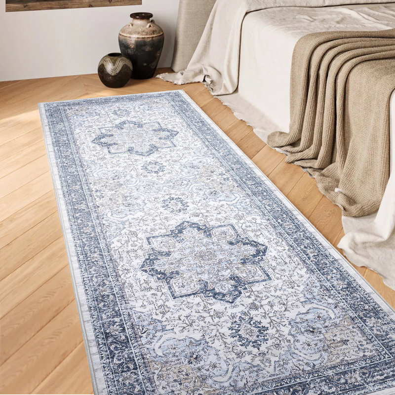 Washable Area Rug, Vintage Retro Carpet with Non-Slip Backing, Floral Pattern Floor Rugs for Entryway, Kitchen, Bathroom, Living Room, Hallways, Bedroom, Blue