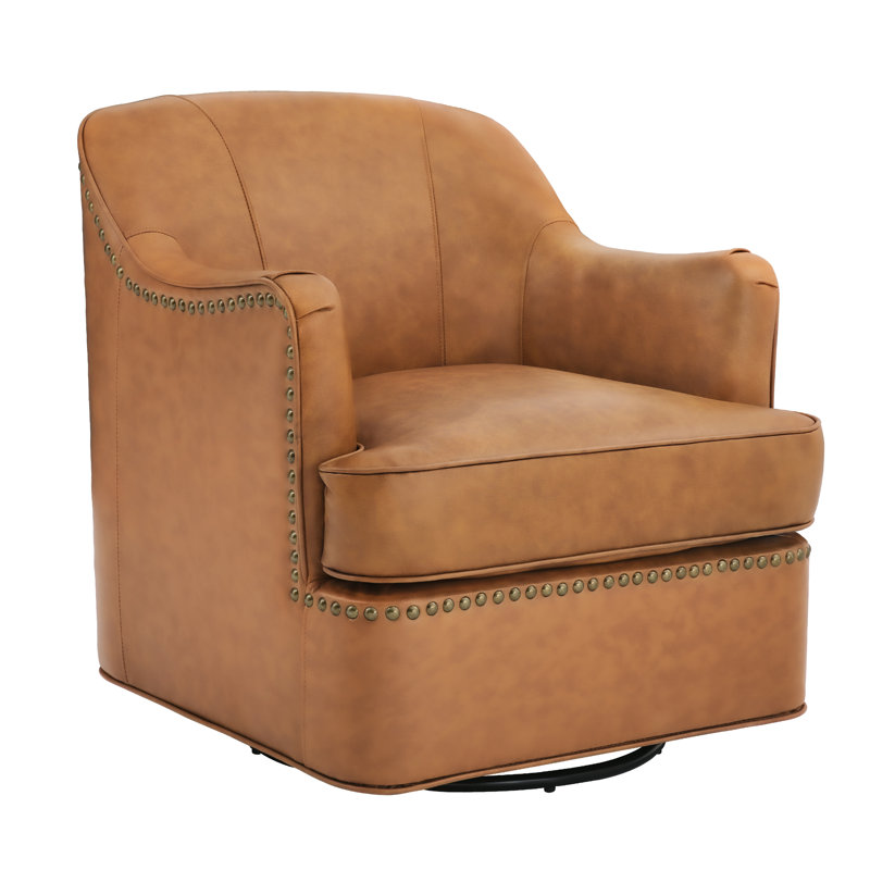 Fauteuil demi-tonneau pivotant en cuir véritable Fazio, Brun whisky