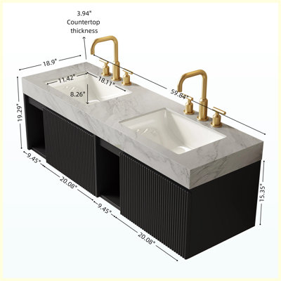 Meuble-lavabo flottant de 60 po avec lavabo, comptoir en pierre frittée blanc de Carrare et 2 lavabos en céramique, armoire noire, 3 trous de robinet pré-percés