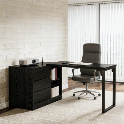 L-Shaped Executive Desk with Drawers, Sleek Black MDF and Steel, Reversible 39.4-Inch Corner Workstation for Home Office