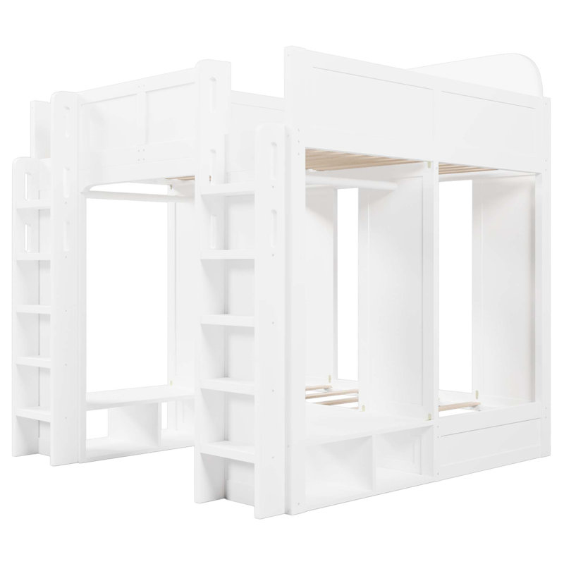 Lit superposé triple peu encombrant avec rangement intégré et crochets de suspension, Blanc