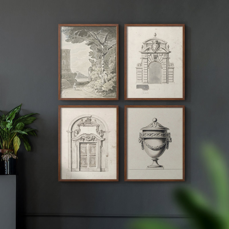 Croquis rétro LXI, reproduction encadrée - ensemble de 4, H 10 po x l 32 po