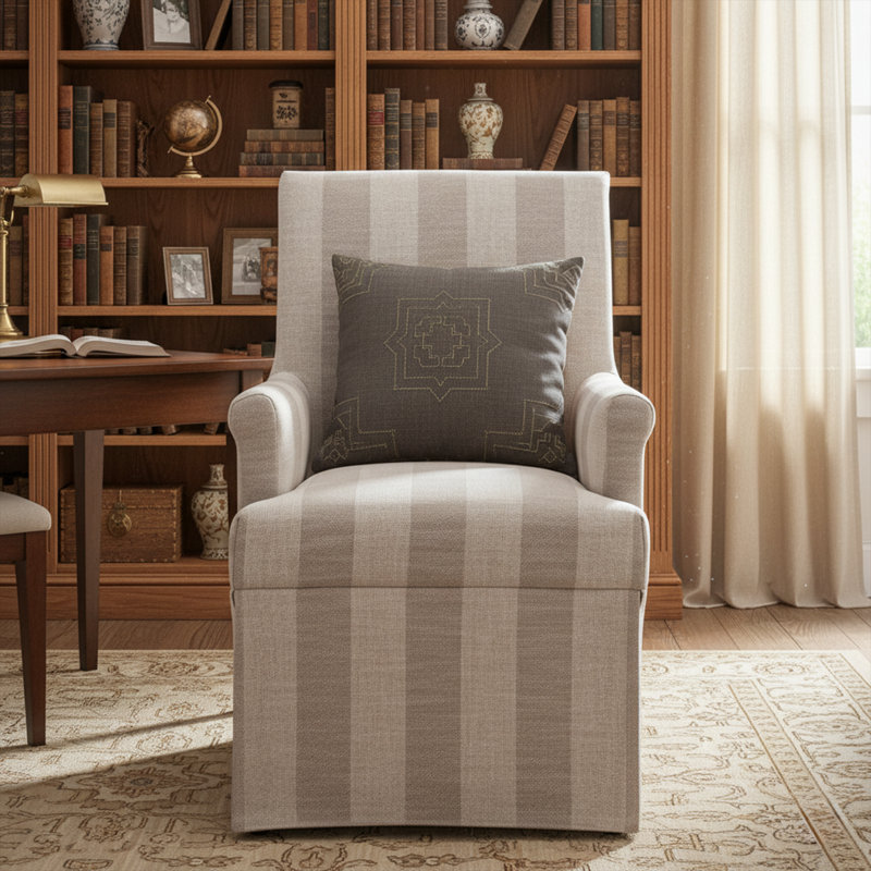 Elegant Upholstered Dining Chair  With Skirted Base, Accent Armchair For Living Room, Bedroom, Dining Room, Beige Striped