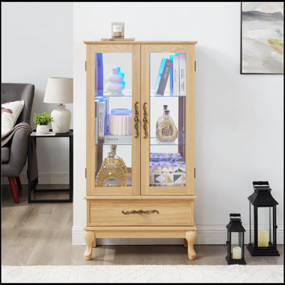 Vitrine Curio - Présentoir en verre élégant avec tablettes réglables, 2 portes et 1 tiroir pour le rangement du vin et la décoration intérieure