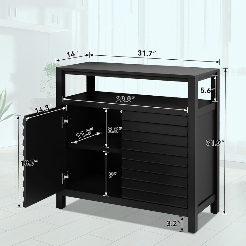 Black Louvered Door Accent Cabinet with Open Shelf
