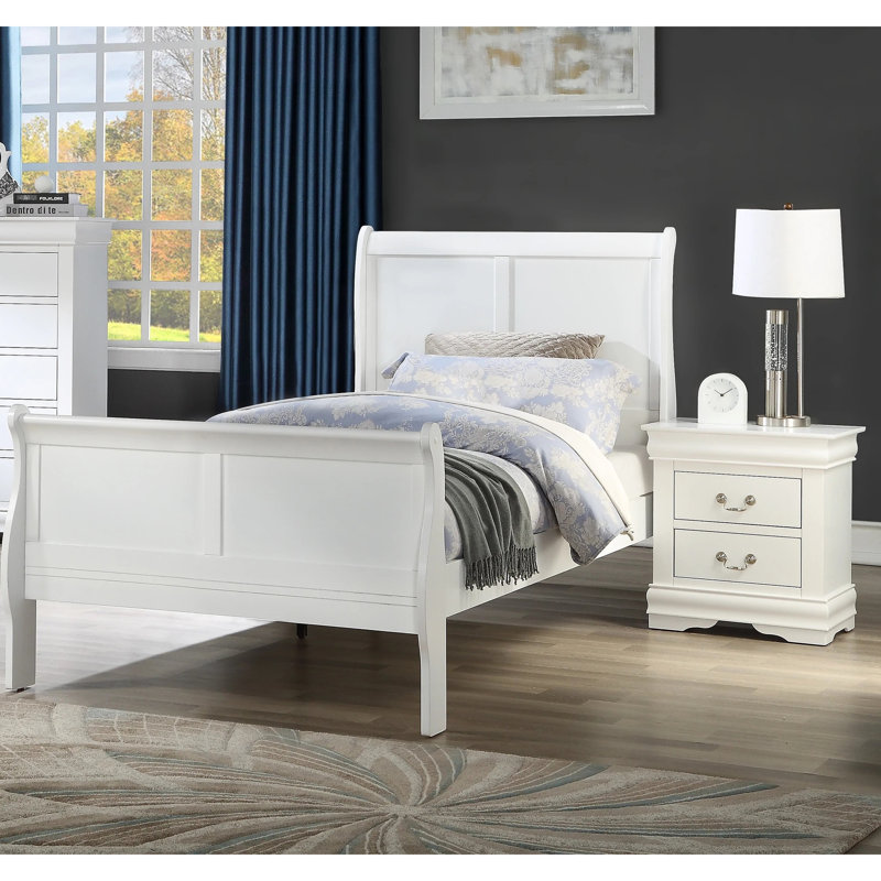 Lit simple pour chambre à coucher, bois massif blanc, style, pieds de support, anglais, aspect transitionnel, élément
