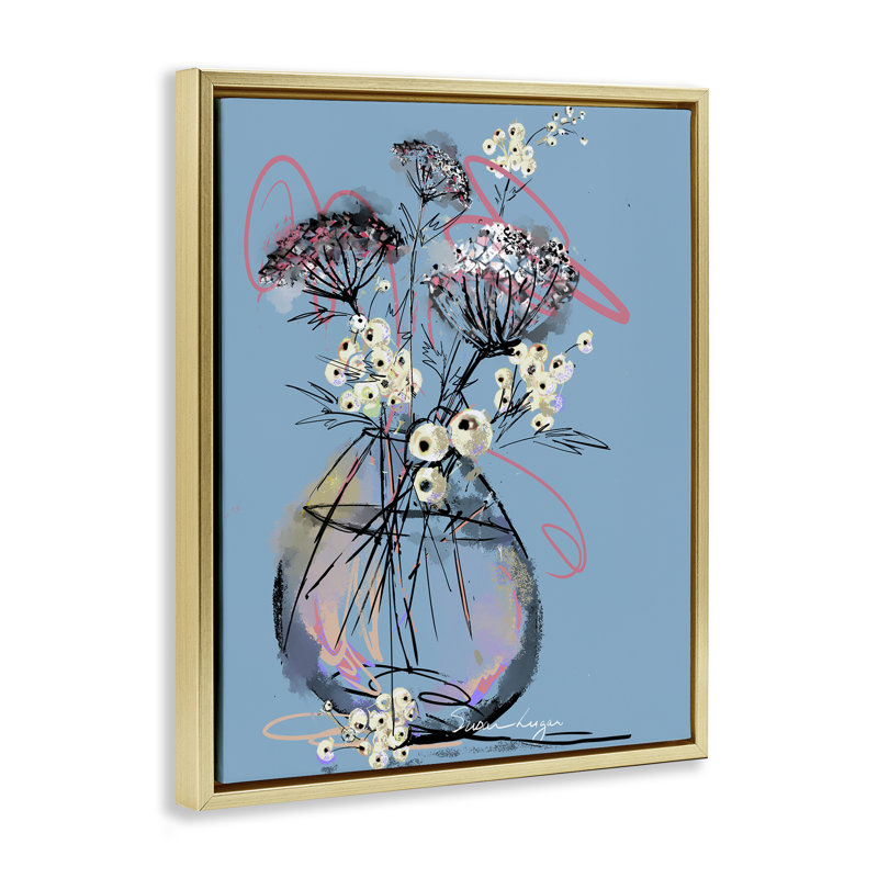 Cadre flottant abstrait dans un vase Snowberries, design par Susan Lugar, H 21 po x l 17 po, Cadre flottant métallique doré