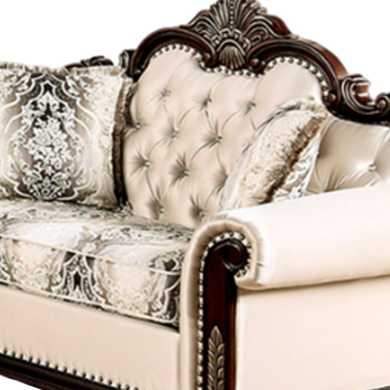 Catie 66 Inch Loveseat, Beige, Nailhead Trim, Cherry Brown Solid Wood