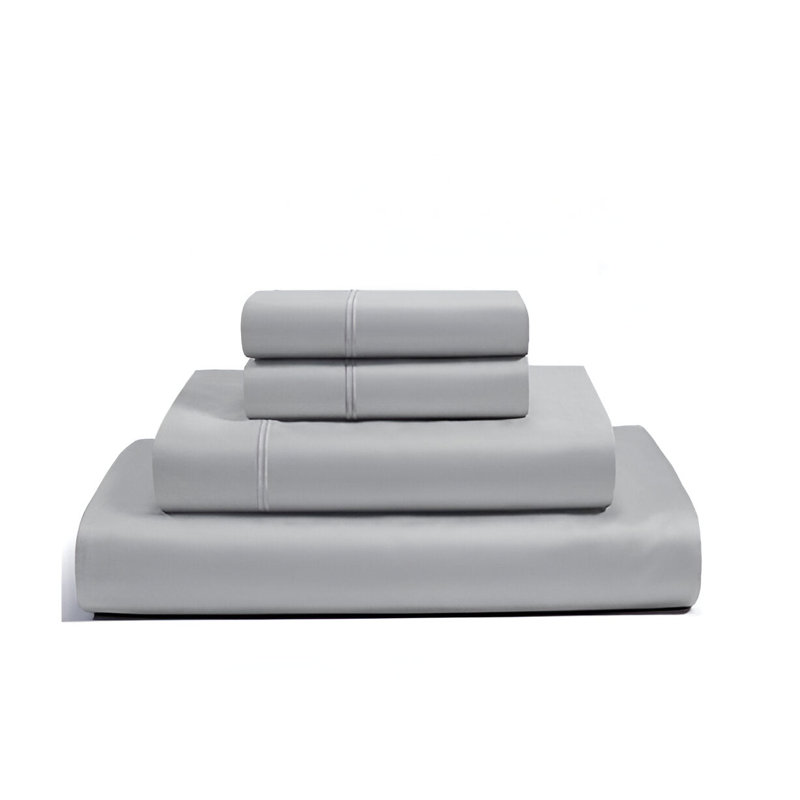 400TC Luxurious Double Embroidery Sateen Solid Cotton 4 Piece Sheet Set Fitted Sheet Fits Upto 16" Deep Pocket, Light Gray