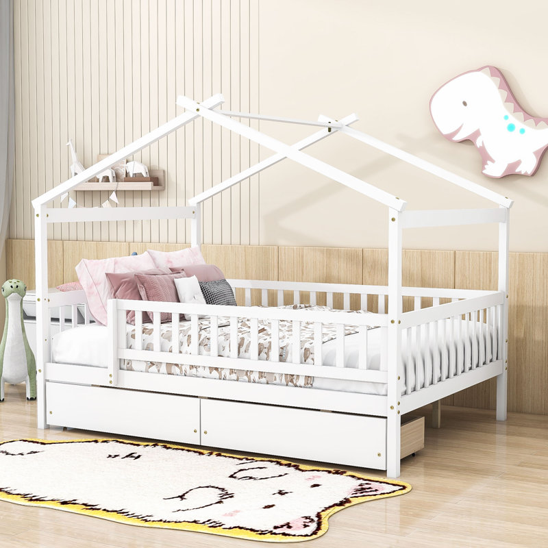 Lit en bois avec 2 tiroirs, toit et garde-corps, Simple, Blanc