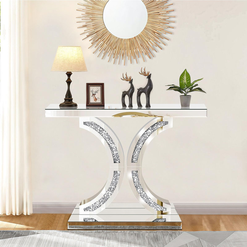 Silver Mirrored Console Table With Crushed Diamond Inlay, 39.4'' Long Glass Entryway Sofa Table, C-shaped Base Modern Accent Narrow Table For Living Room, Hallway, Foyer, Entrance