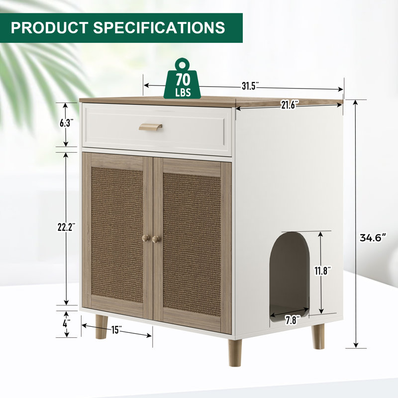 Enceinte de litière pour chat Diogo, H 34,6 po x l 31,5 po x P 21,6 po, Blanc