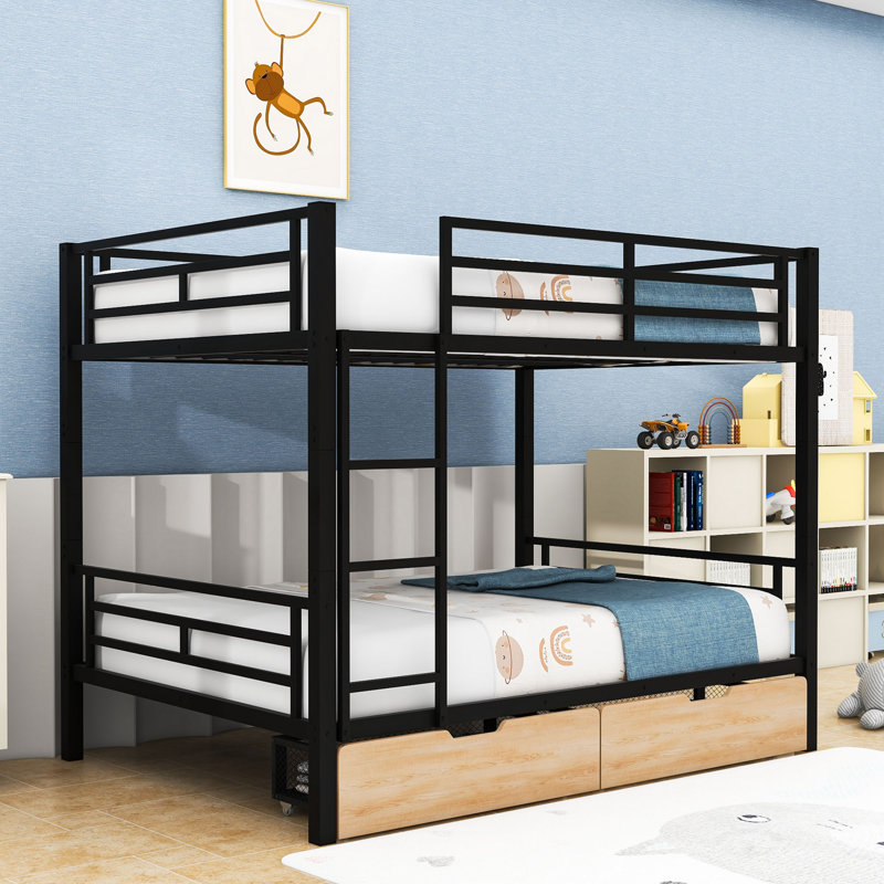 2 Drawers Metal Full Over Full Bunk Bed With Guardrails And Ladder, Convertible To 2 Beds