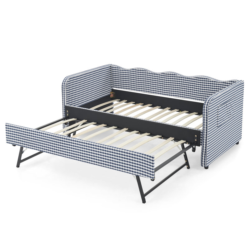Canapé-lit convertible à carreaux vichy pour une personne, avec lit gigogne et poches de rangement latérales, Bleu très foncé