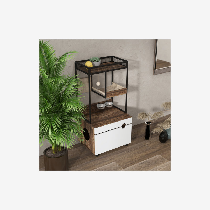 Multi-Function Cat Litter Box Fence with Cat Tree, Feeding Station and Scratching Pad, 48.03'' H x 23.62'' W x 18.90'' D