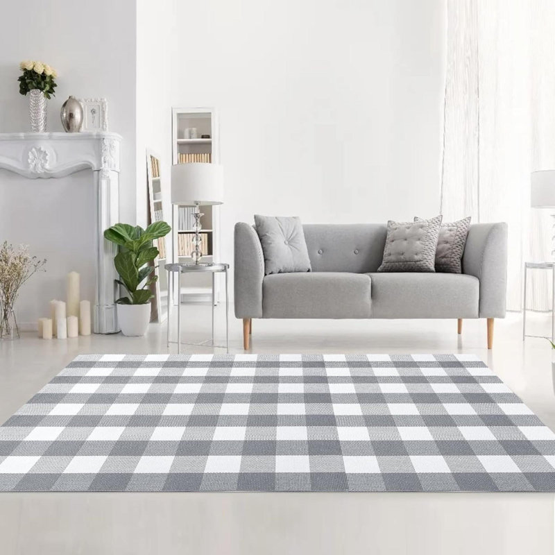Tapis à carreaux en coton Buffalo, Gris / Blanc, L 48 po x L 72 po
