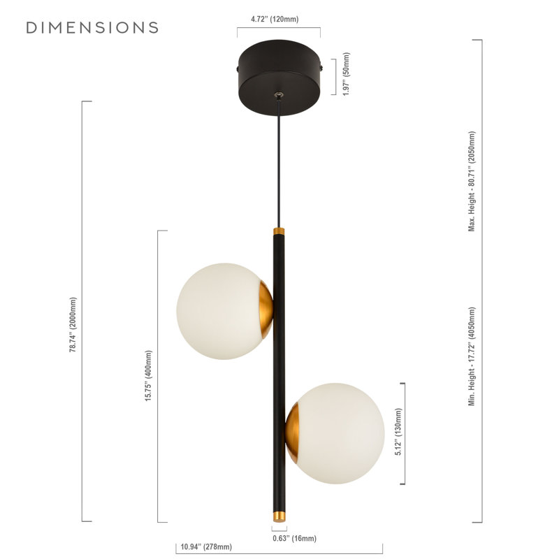 Capri Adjustable Height 11" Black and Gold LED Pendant with Glass Globes