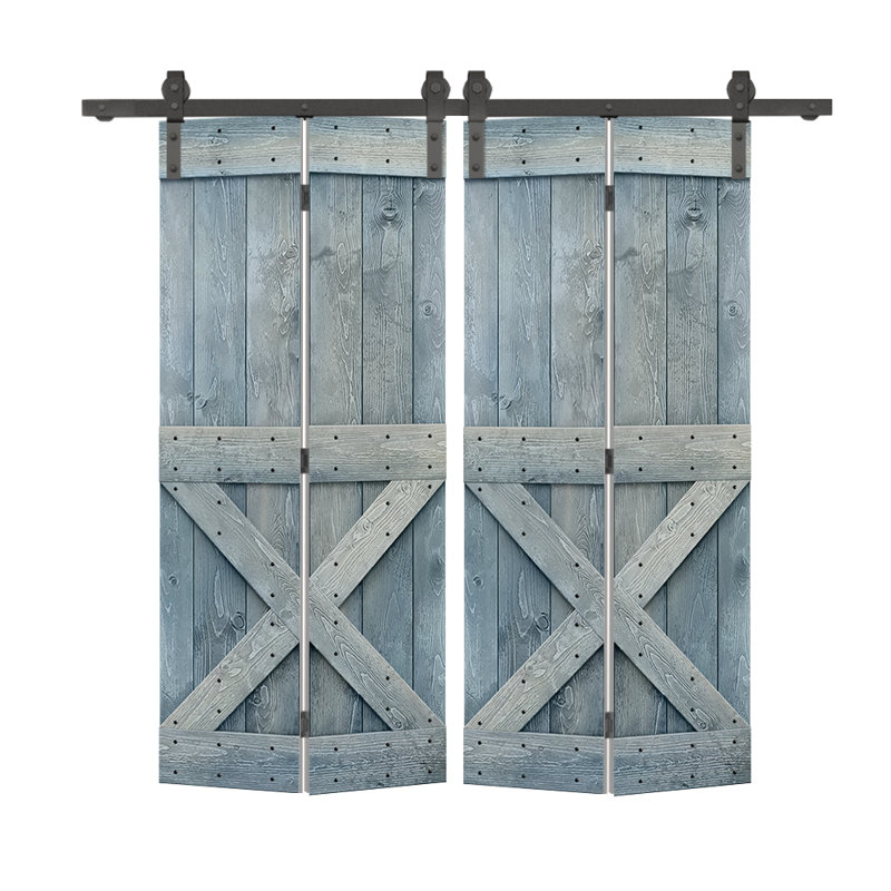 Porte de grange en bois 84 pliable avec trousse de quincaillerie d'installation, Bleu denim, 72 po x 84 po