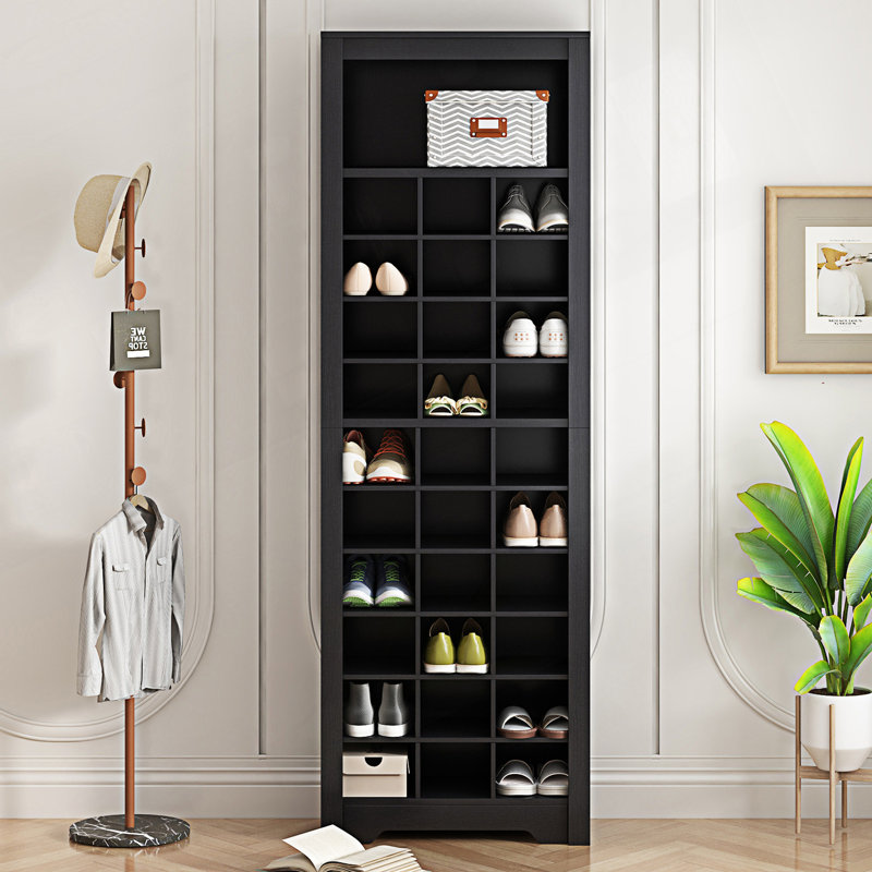 Console stylisée à 30 casiers, armoire à chaussures contemporaine, armoire haute autoportante, armoire de vestibule, Noir