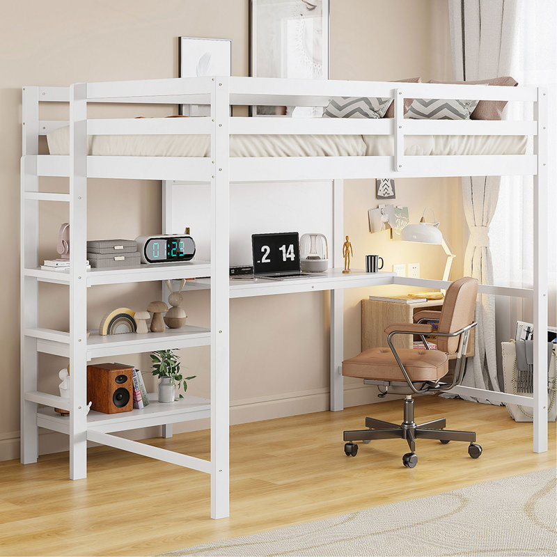 Lit mezzanine simple en bois avec tablettes, bureau et tableau d'écriture, Blanc
