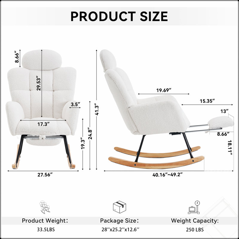 Chaise berçante rembourrée en tissu avec coussin et repose-pieds Teddy