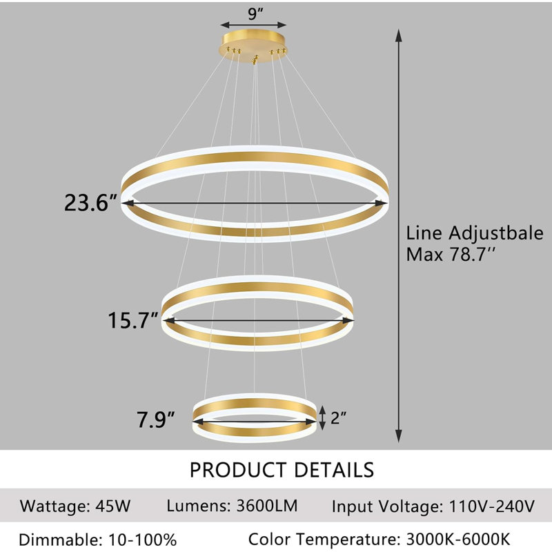 3 - Light Modern Led Dimmable Chandelier, Gold, Gold